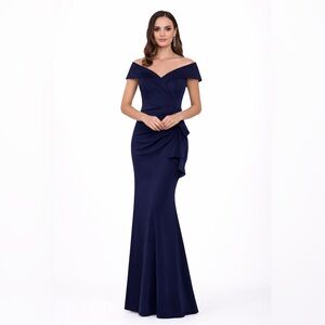 Xscape Navy Off Shoulder Ruffle Gown 16P NWT Petite Plus Formal MOB GALA